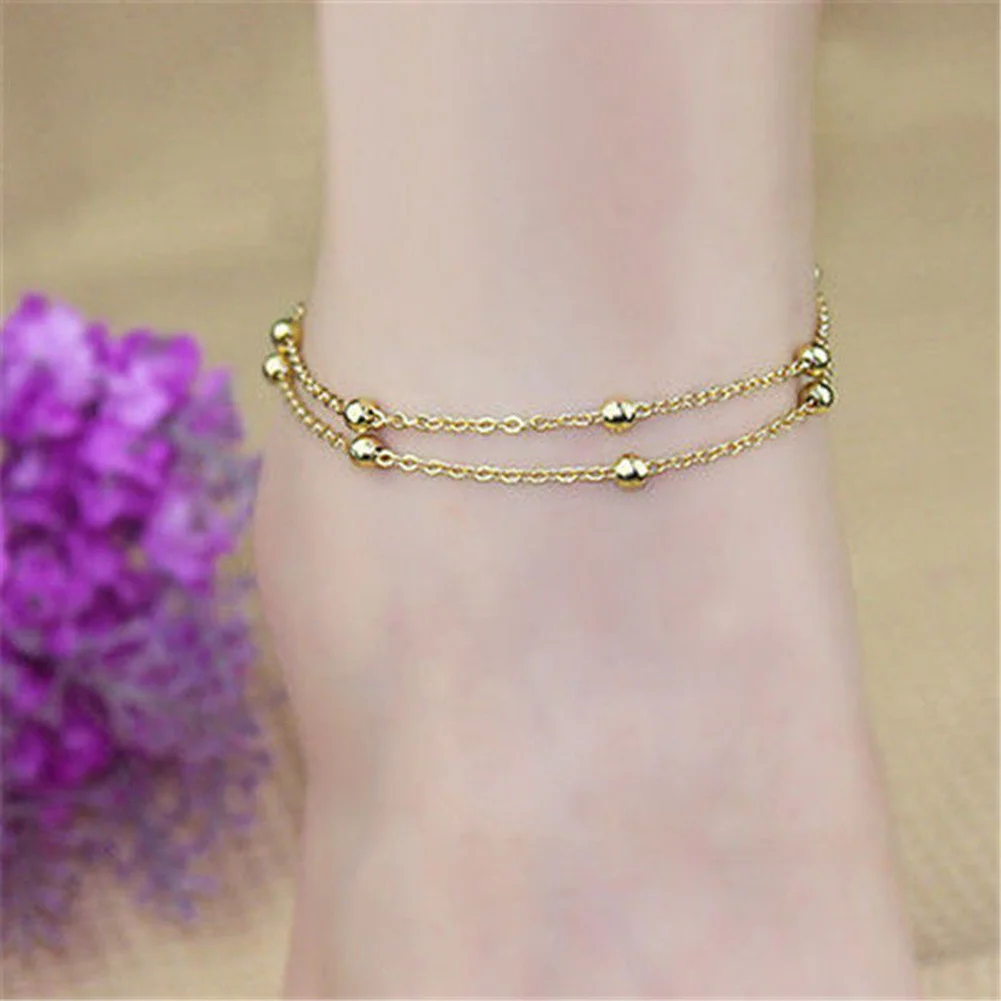 2Pcs Adjustable Women Girls Double Layer Gold Bead Chain Anklet Beach Foot Ankle Bracelet