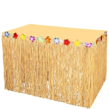 

275x75cm Flower Inlaid PP Artificial Grass Table Skirt Hawaiian Tropical Luau Party Tableware Decoration