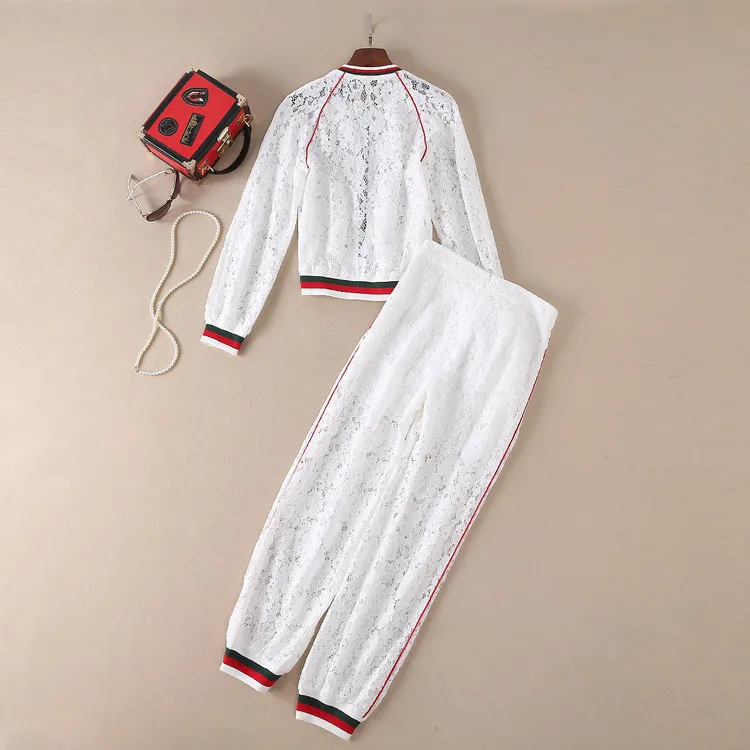 High Quality Runway Set Women 2018 New Fashion Autumn Elegant O-Neck Long Sleeve Lace Shirt and Pants Suits Sets C1856 | Женская одежда