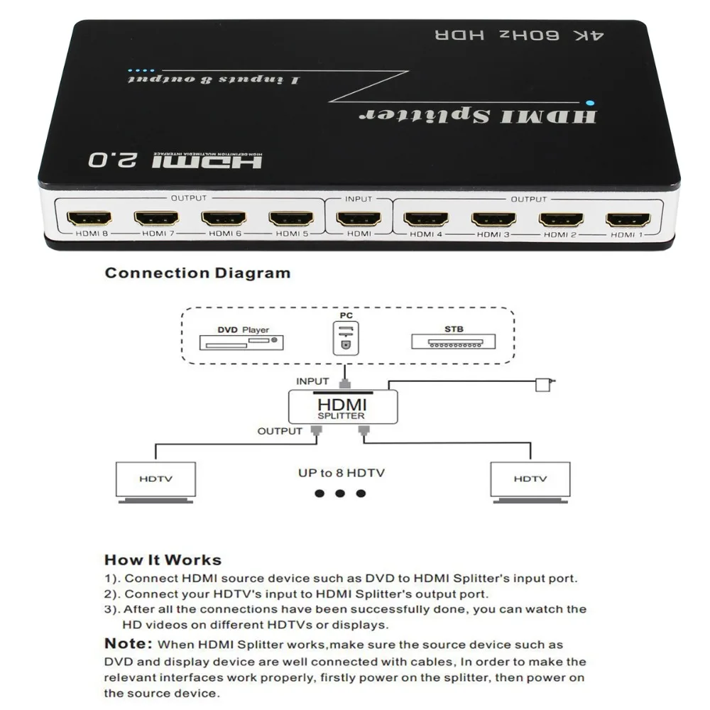 HDMI Splitter 1X8 HDMI 2.0 HDCP 2.2 4K@60Hz 1 in 8 out Port Video Audio HDMI Amplifier Switch Box Hub 1080P For HDTV PS3 DVD STB HDMI Splitter 1X8 HDMI 2.0 HDCP 2.2 4K@60Hz 1 in 8 out Port Video Audio HDMI Amplifier Switch Box Hub 1080P For HDTV PS3 DVD STB