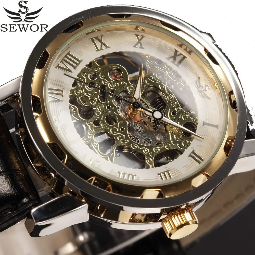 

SEWOR Mechanical Watch Men Transparent Gold Leather Vintage Business Fashion Casual Skeleton Male Wristwatch Relogio Masculino