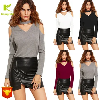 

Full-blown sexy fashion V-neck shoulder out plus size T-shirt 4 colours 5 yards korean streetwear long sleeve shirt women QP050