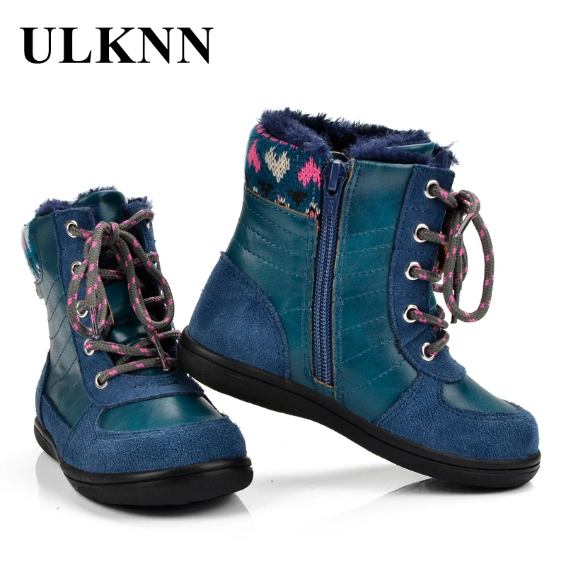 ULKNN ботинки для девочек для зимние сапоги Детские ботинки дети до середины икры резиновая подошва круглый носок плюшевые мягкие кожаные bota de menina