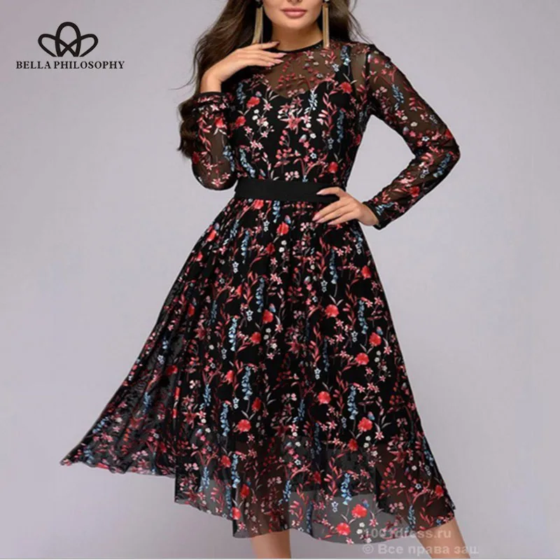 Wonder 2018 new Sexy Women Floral Embroidery knee-length party Dress print O-Neck belt dress See-through Black perspective Dress