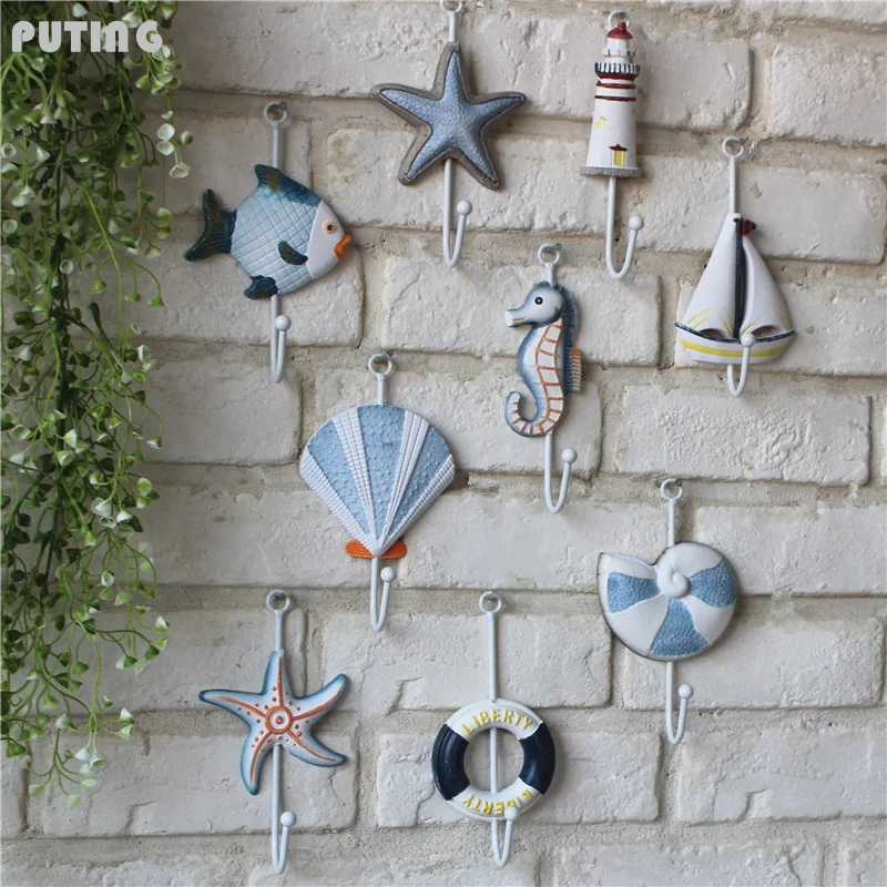 

Fashion Door Kitchen Hanger Mediterranean Style Blue Ocean Wall Hook wooden Hooks Sailboat Lifebuoy Starfish Hook Home Decor8130