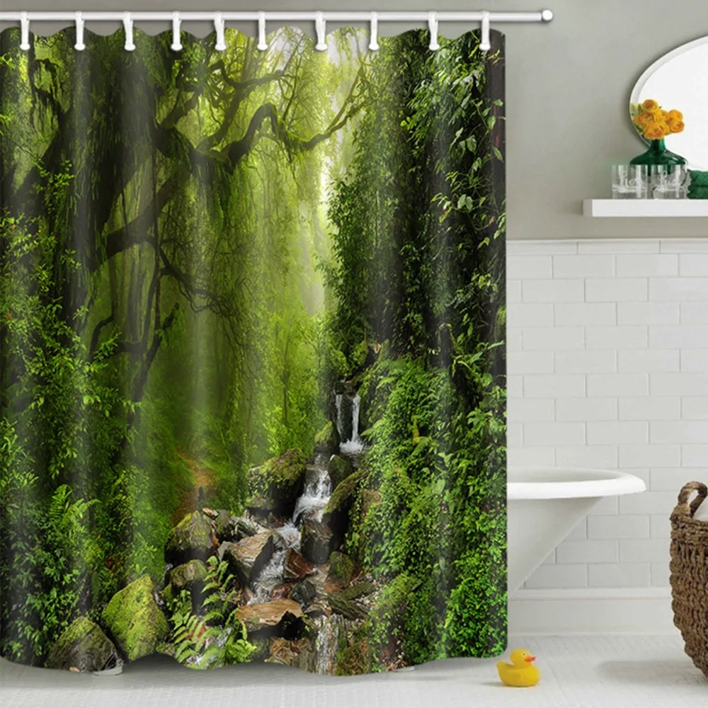 LB Forest Landscape Polyester Fabric Bathroom Waterproof Shower Curtain 12 Hooks 