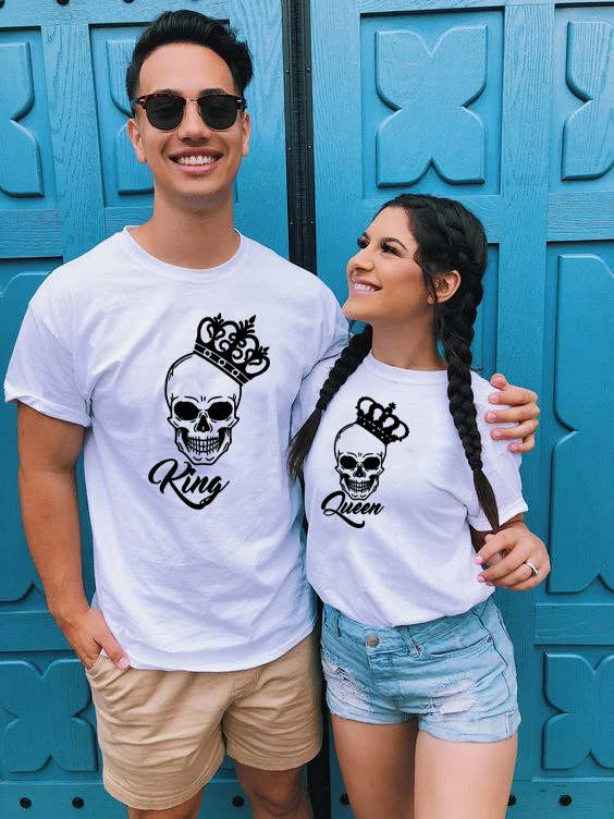 

Skull Couple Shirts King and Queen Couple Matching Tshirt Fashion Graphic Tumblr Shirts Summer Women Men Casual Couple Lover
