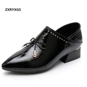 

2019 New Pointed Rivet Bow Thick with Low Heel Shoes Woman Shoes Deep Mouth Large Size Genuine Leather Shoes Women Fashion Shoes