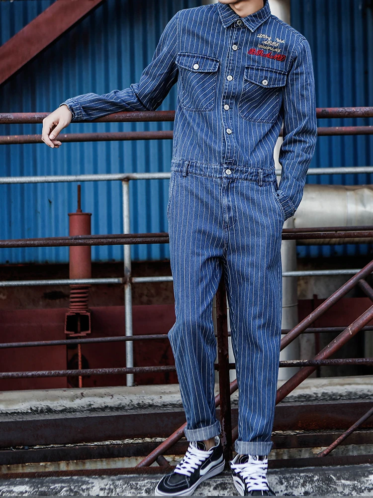 striped denim jumpsuit