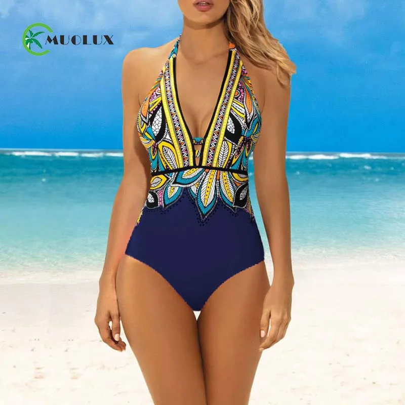 

MUOLUX 2019 One Piece Swimsuit Swimwear Women Vintage Print Bathing Suit Halter Bodysuit Push Up Monokini Plus Size Beachwear