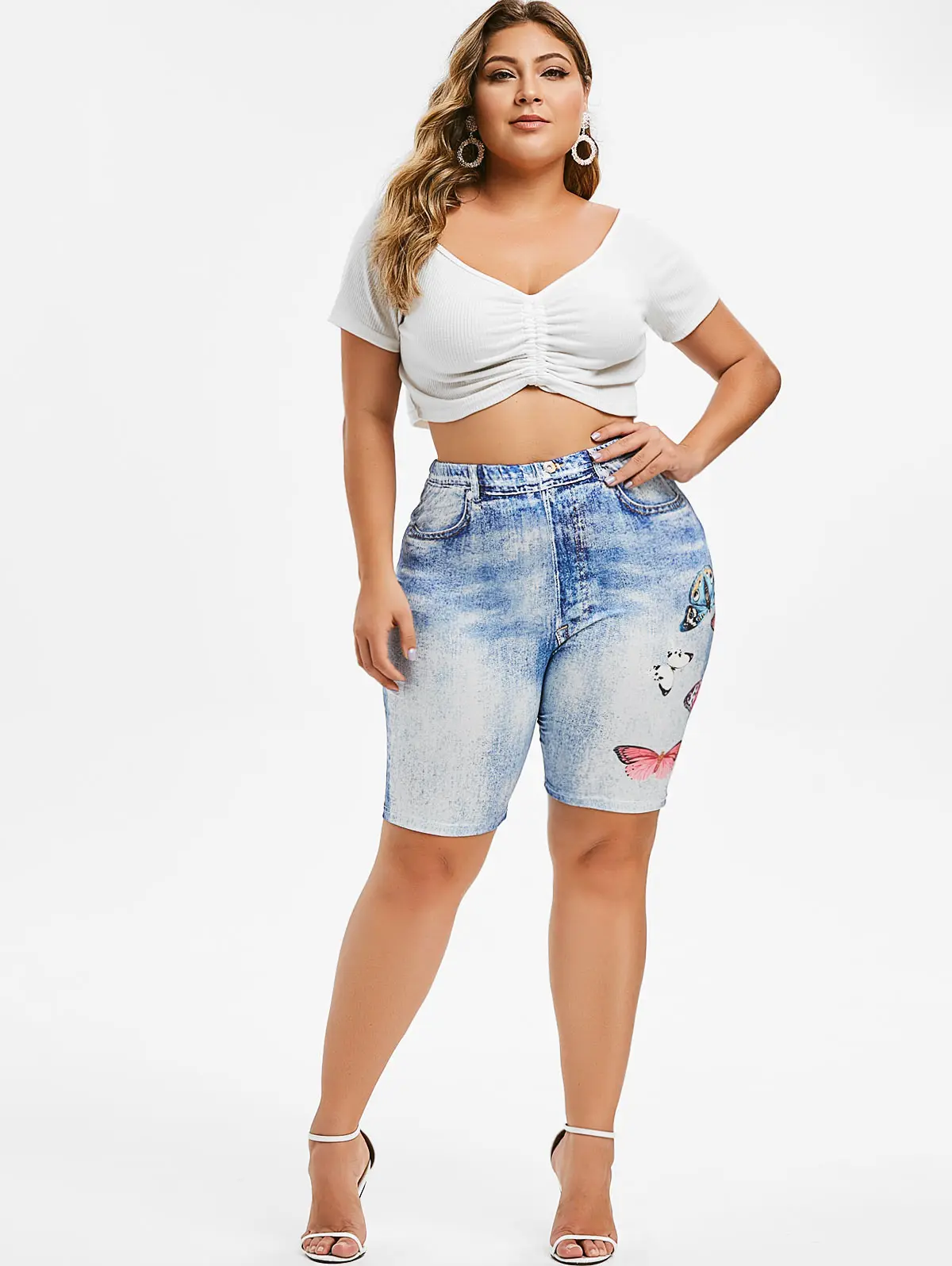 Wipalo 3D джинсовая кепка с аппликацией «бабочка» принт размера плюс эластичная высокая талия Повседневная одежда свободные короткие леггинсы женские летние леггинсы уличная одежда 5XL