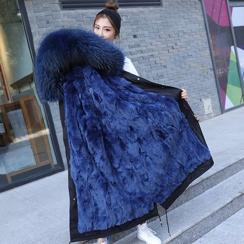 x-long light blue Зимняя женская куртка из натурального меха, воротник из натурального меха енота, капюшон, подкладка из натурального кроличьего меха, Толстая теплая верхняя одежда, съемная - Цвет: x-long light blue