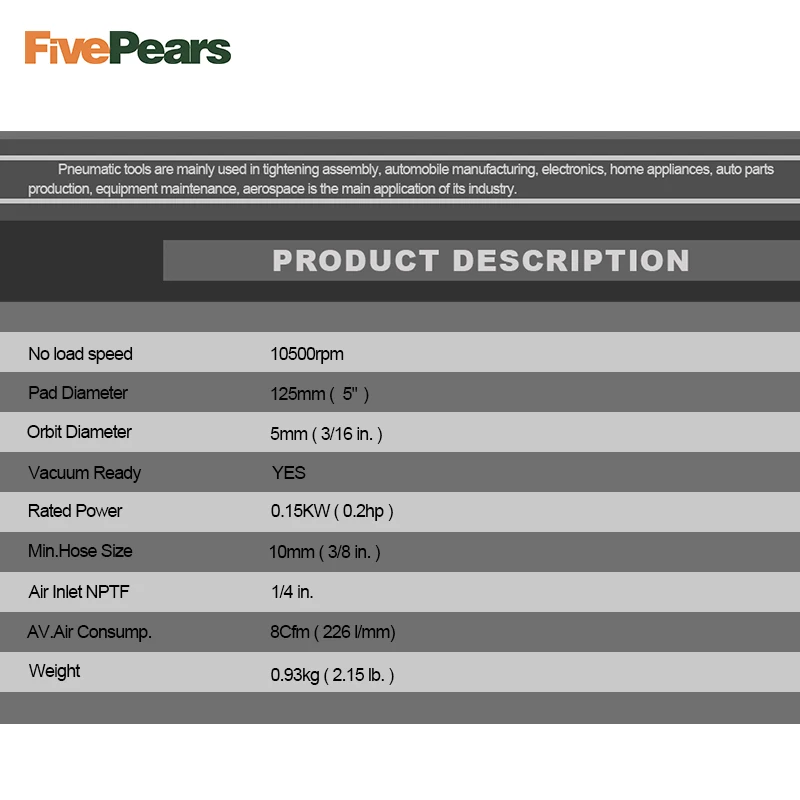  Fivepears low noise Air Random Orbital Sander lightweight Machine 5 Inch Circle Round Pad air Sande