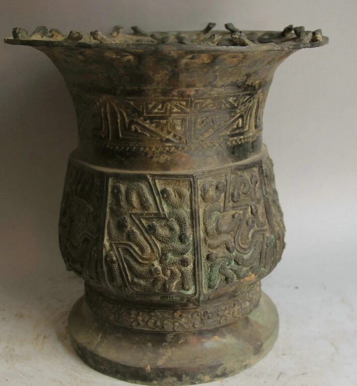 

song voge gem S1871 14" Old Chinese Bronze circular Dragon Beast kettle Bottle Vase Pot Jar Crock