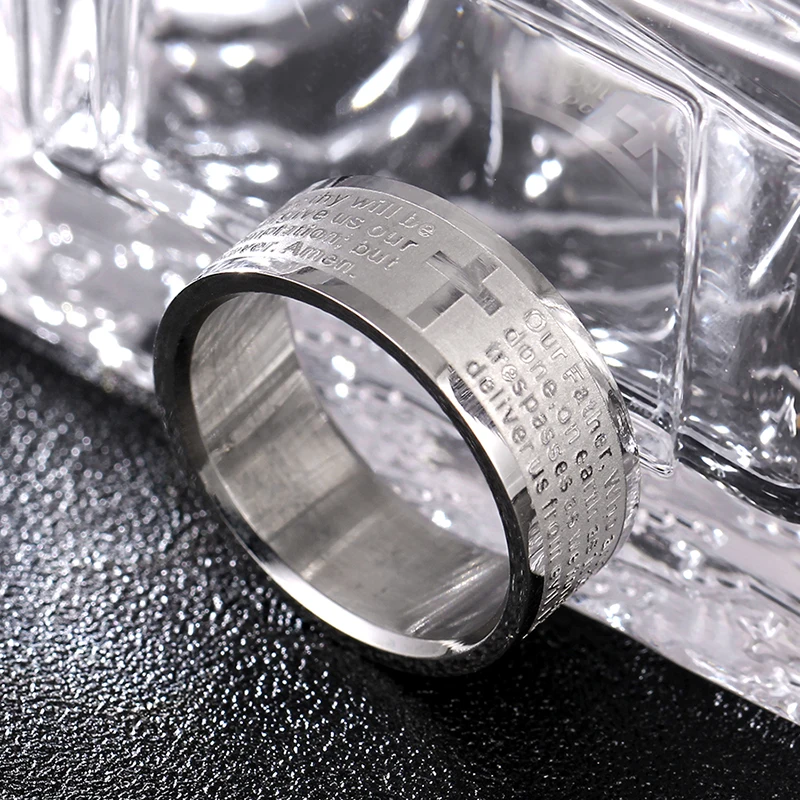 English Titanium Steel Christian Cross Bible Ring for Men and Women Personalized Ring Customize Engraved finger ring