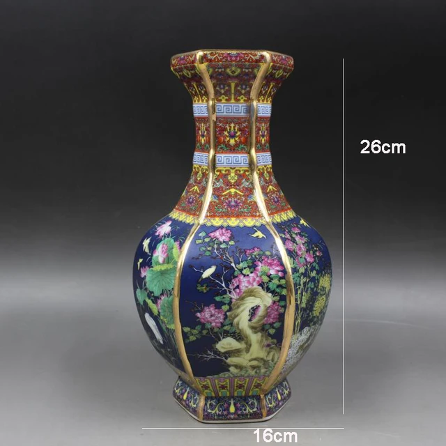 Qing Qianlong Antique Blue Ceramic Vase Enamel Gilt Hexagon Vase With Flower Antique Porcelain Ancient Porcelain Collection 2