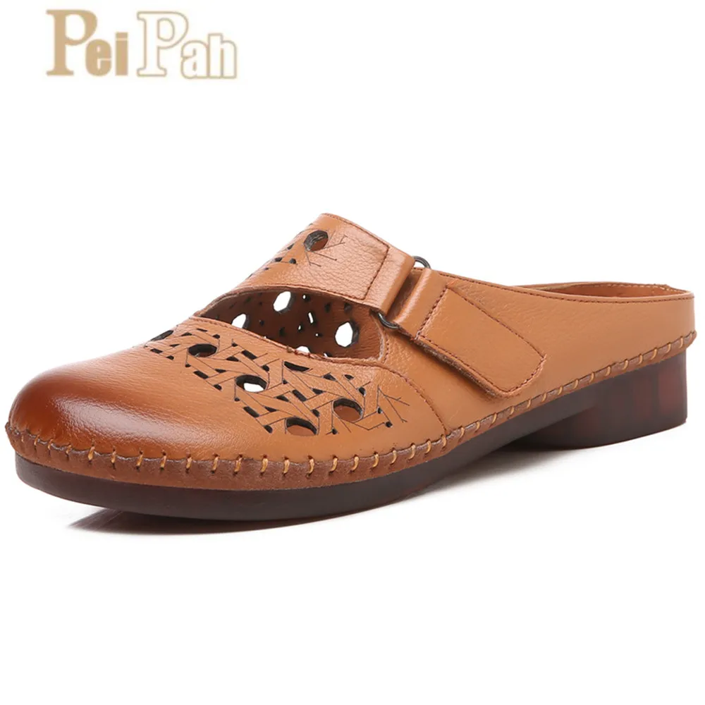 

PEIPAH Handmade 2019 Summer New National Style Genuine Leather Ladies Slippers Hollow Breathable Buckle Zapatillas Mujer