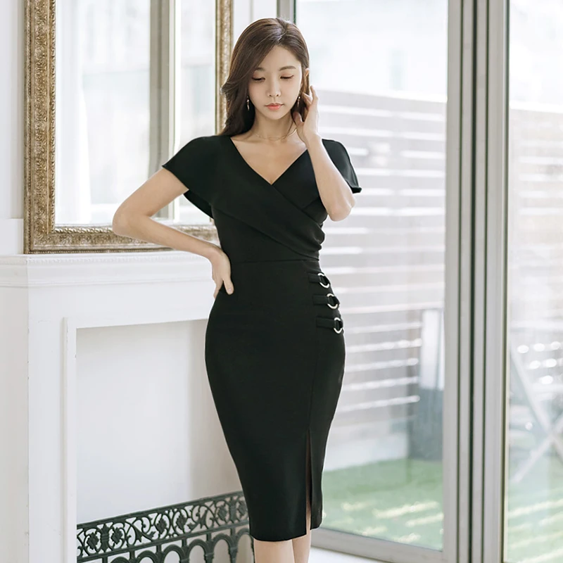 

Brief Backless V-neck Side Rings Black Dress Elegant Bodycon Side Slit Hip Packaged Party Dresses Women Dress vestidos 2018