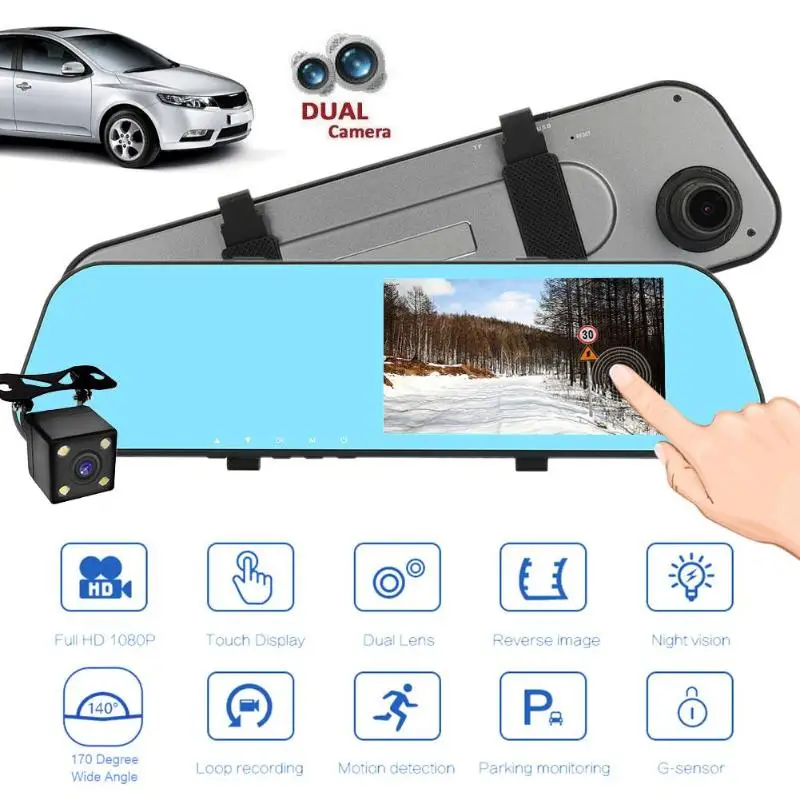 

5in Touch Screen Car DVR Dash Camera Dual Lens Car Rearview Mirror DVR Camera Driving Video Recorder Motion Detection G-sensor