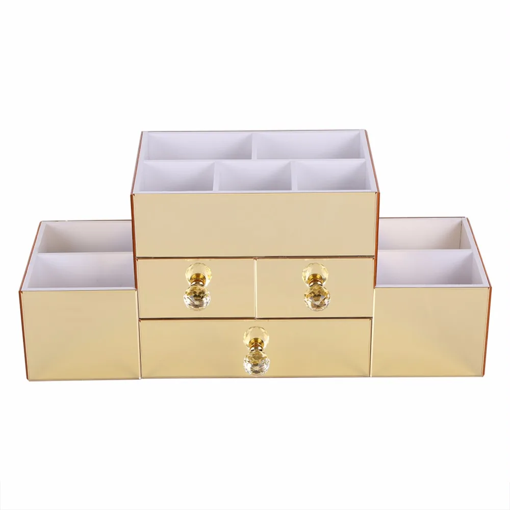 ПВХ Стильный золотой зеркальный косметический Органайзер настольный макияж ящик для хранения