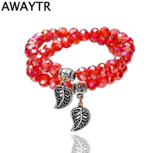 AWAYTR Manera de Las Mujeres Dobles E Individuales Con Cuentas de Cristal Pulsera de Señora Classic Collection Elasticidad Hoja Grano Pendiente Pulsera