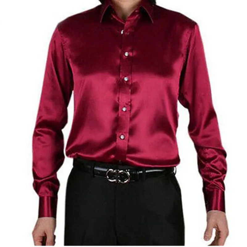 34-1          Wind Red Leisure Clothing Wedding Prom Emulation Silk Long Sleeve Shirts Men's Casual Shirt Shiny Satin Formal Party Shirt