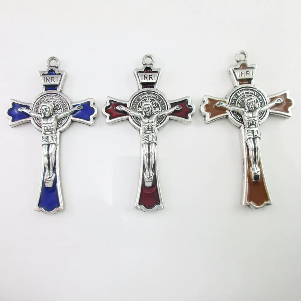 

Assorted 12pcs of 3 inch Epoxy Blue,Red,Brown Crucifix Cross Pendant with Leather Necklace