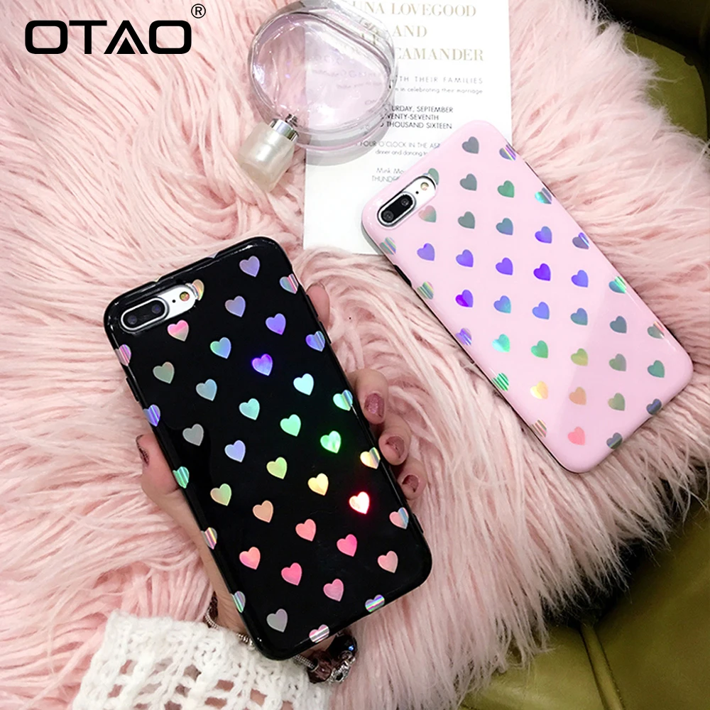 OTAO Cute Love Heart Phone Case For iPhone X 8 7 6 6s Plus Cases Fashion Laser Soft TPU Couples Back Cover Apple 10 Housing |