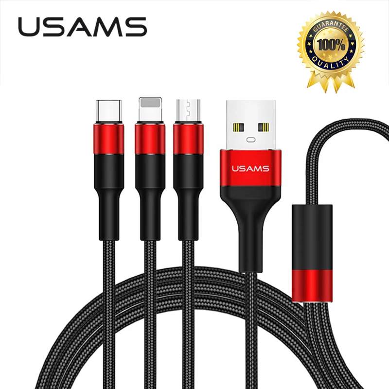 USAMS 2A 3 في 1 كابل يو اس بي ل فون Xs ماكس XR الهاتف المحمول الكابلات نوع C مايكرو كابل شحن سلك Microusb USB C للإضاءة كابل