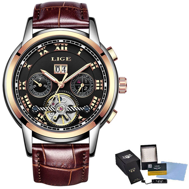 LIGE автоматические механические турбийон мужские часы модные роскошные брендовые кожаные часы с календарем стальные спортивные часы Relogio Masculino+ коробка