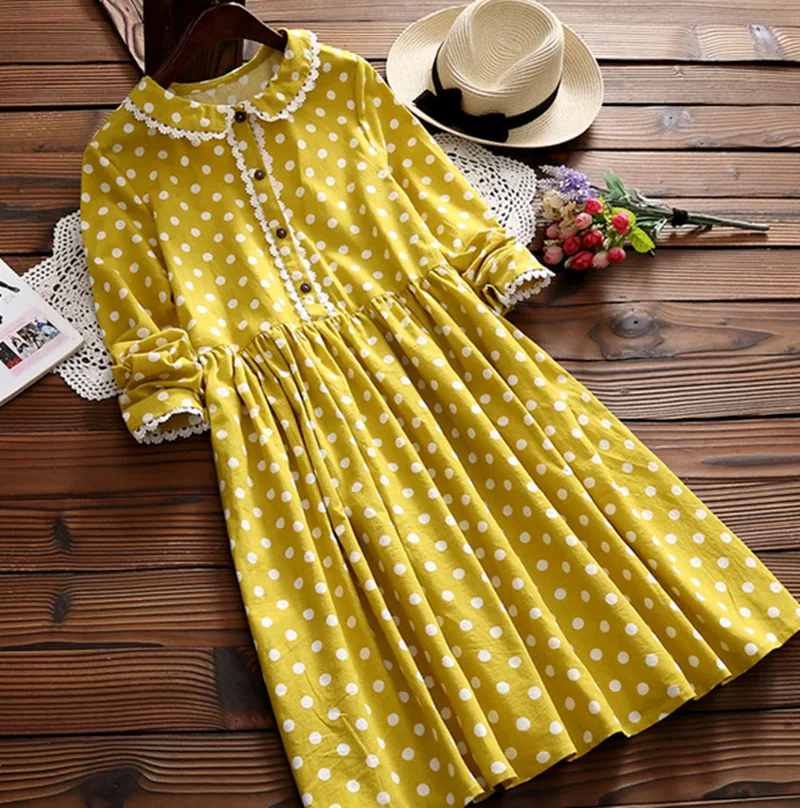 

Women Dot Print Preppy Long-sleeve Dress Mori Girl Sweet Cotton Dress Hippie Boho Casual Novelty Lolita Dresses Vestidos Tunique