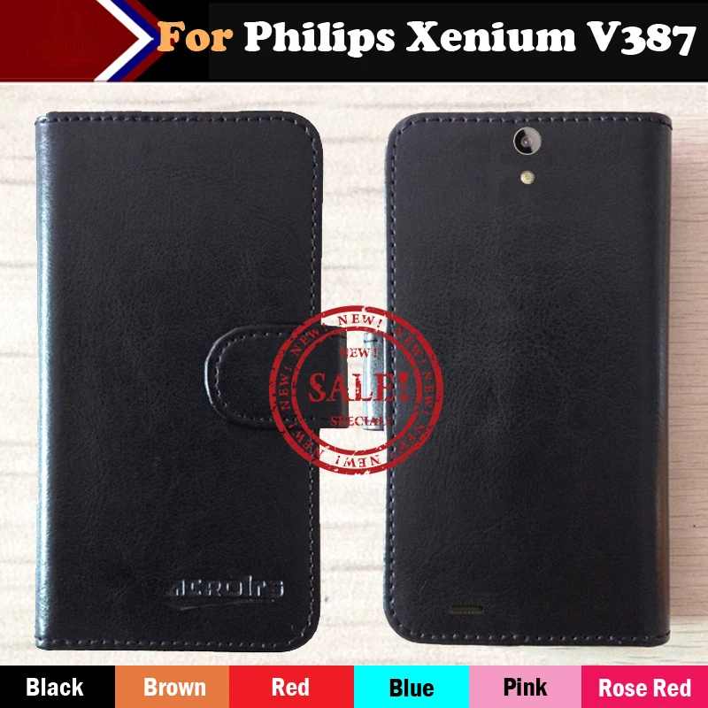 

! Business Phone Flip Leather Case For Philips Xenium V387 Magnetic Button Minimalist Style Protective Cover Card Slots