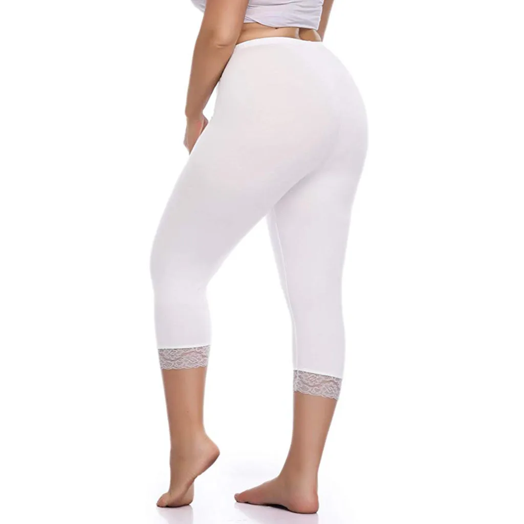Плюс размер женские леггинсы Высокая талия Капри обрезанная эластичная кружевная бейка мягкие брюки женские тренировки Фитнес Леггинсы спортивные брюки