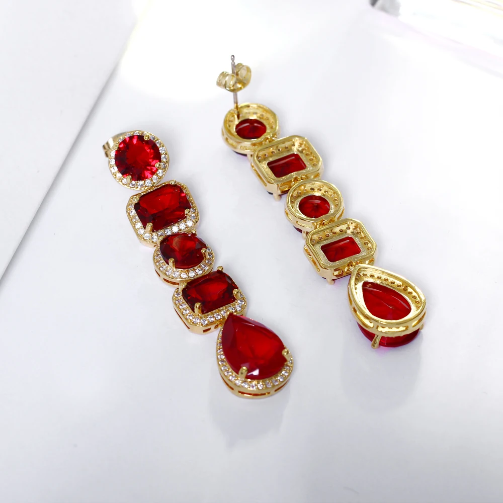 Very Long Earring Red/White Zirconia stones Female Gold-Color Jewellery Women's Big Water Drop Earrings Colorful Jewelry
