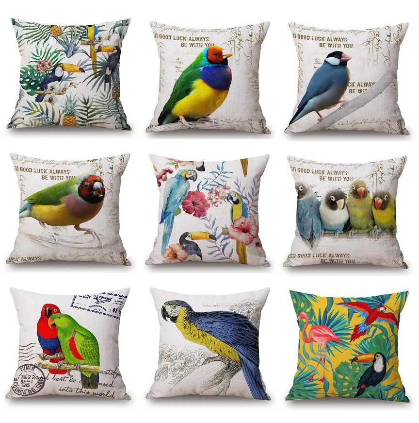 

Watercolor Tropical Plants Birds Flowers Cushion Covers Toucan Flamingo Parrot Bird Floral Pillow Cover Beige Linen Pillow Case