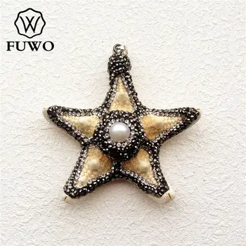 

FUWO Natural Starfish Pearl Pave Rhinestone Beads Pendant Fashion Sea Shell Star Charm For Jewelry Making PD1533