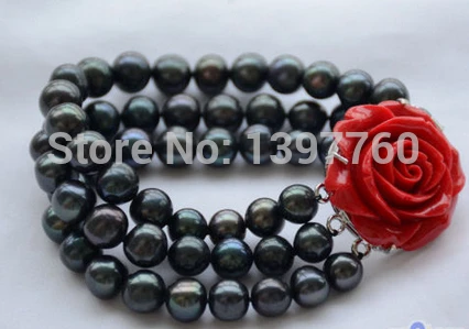 

Miss005 3row 8" 9-10mm black round freshwater pearl bracelet