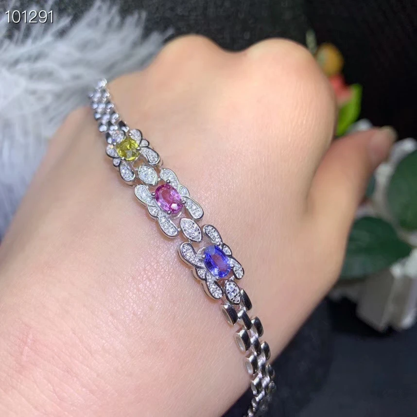 Bracelet en saphir naturel multicolore Bracelet en pierres précieuses naturelles bracelet en argent