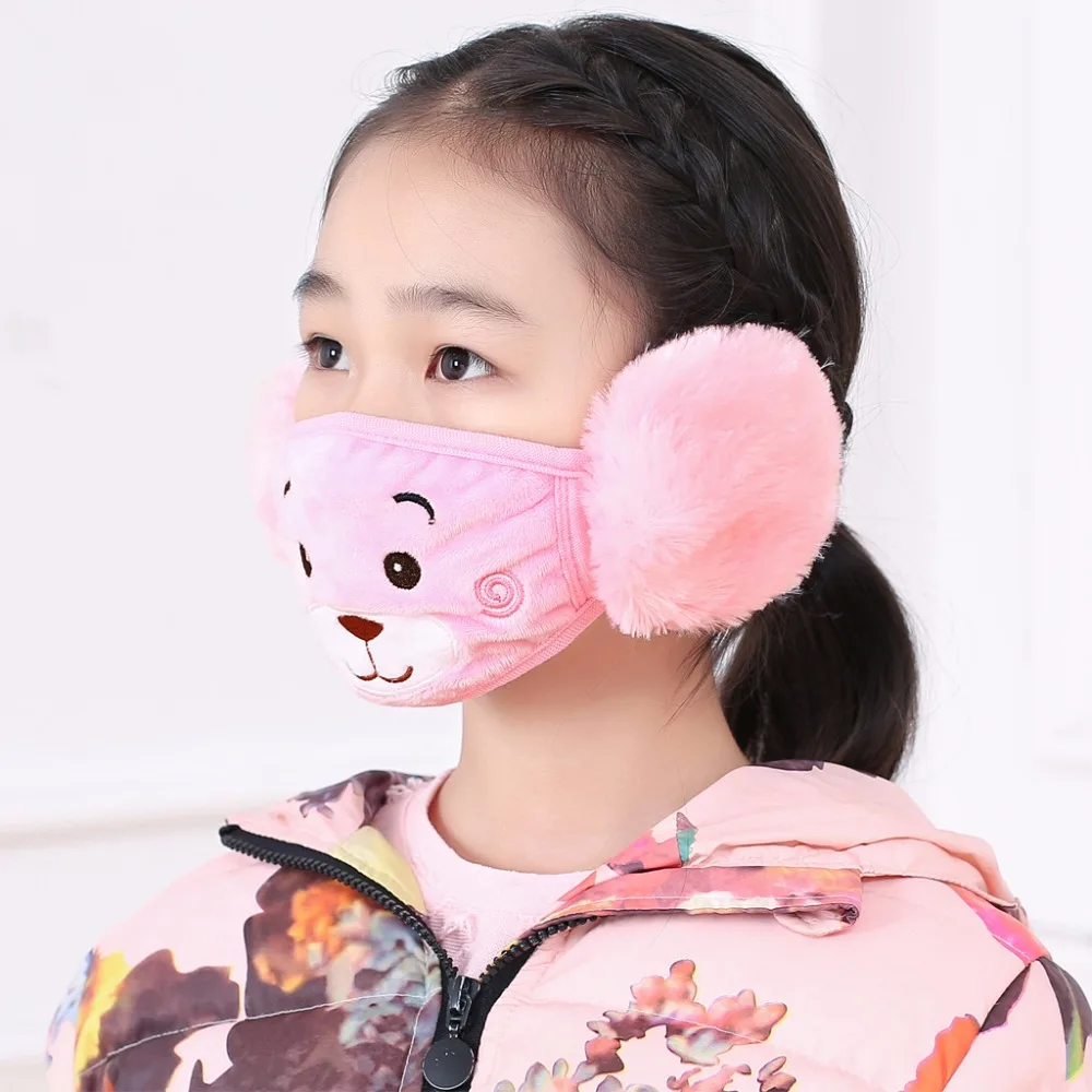 Winter Plush Mouth-Masks For Children Earloop Face-Mouth Mask Warm And Dustproof Pink Cartoon Bear Pattern (8)