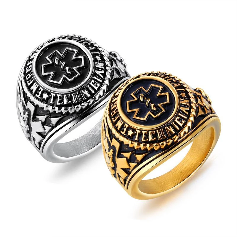 

Medical Alert ID Ring for Men Punk Rock Gold Silver Stainless Steel Geometric Round Ring for Man Jewelry Drop Shipping