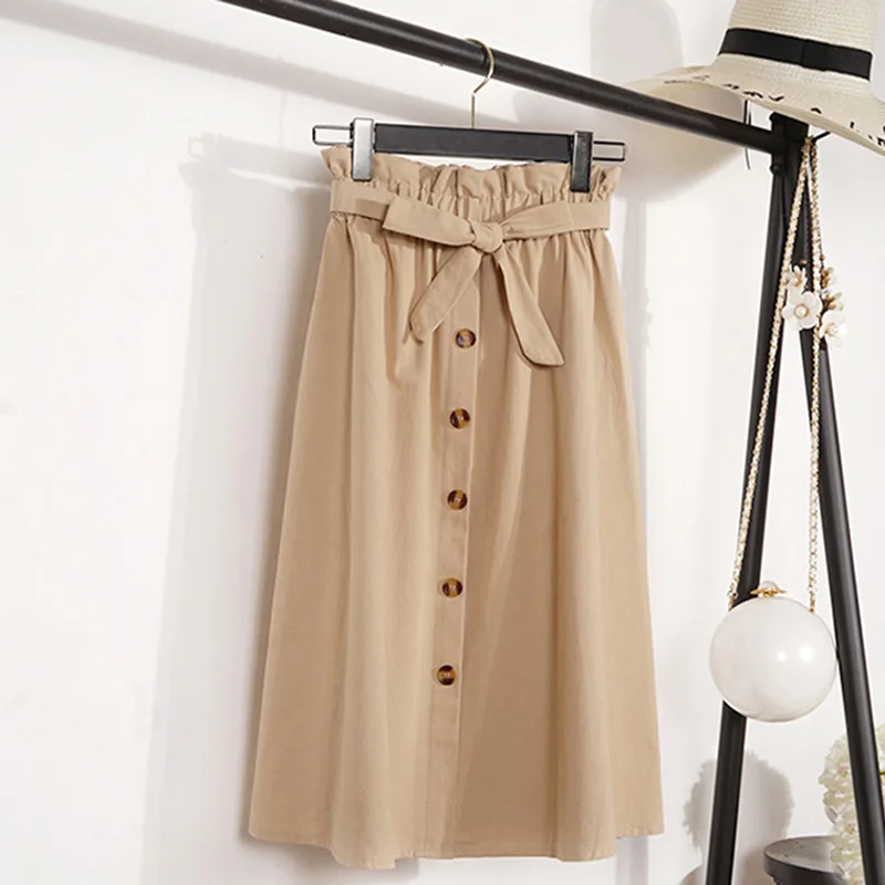 Весна Лето юбки женские миди до колена корейские на элегантных кнопках Высокая талия юбка женская плиссированная школьная юбка - Цвет: Khaki