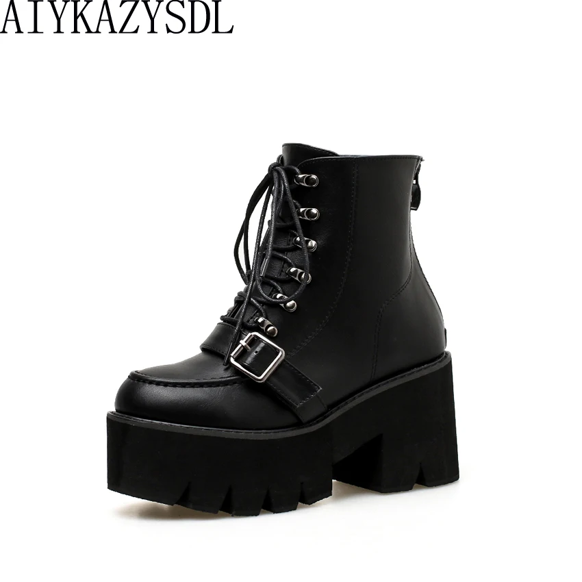 

AIYKAZYSDL Women Cross Strap Ankle Boots Gladiator Platform Shoes Buckle Strap Motorycycle Biker Bootie Thick Chunky High Heel