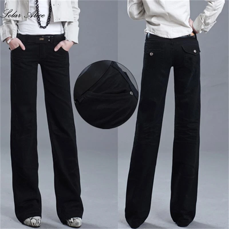 Новинка, женские широкие черные джинсы, женские модные длинные прямые брюки, расклешенные джинсовые штаны