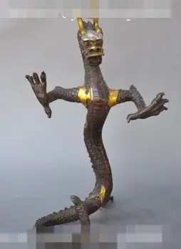 

S00585 10"China myth Classic Bronze Gilt Fengshui Lucky animal zodiac fly Dragon Statue