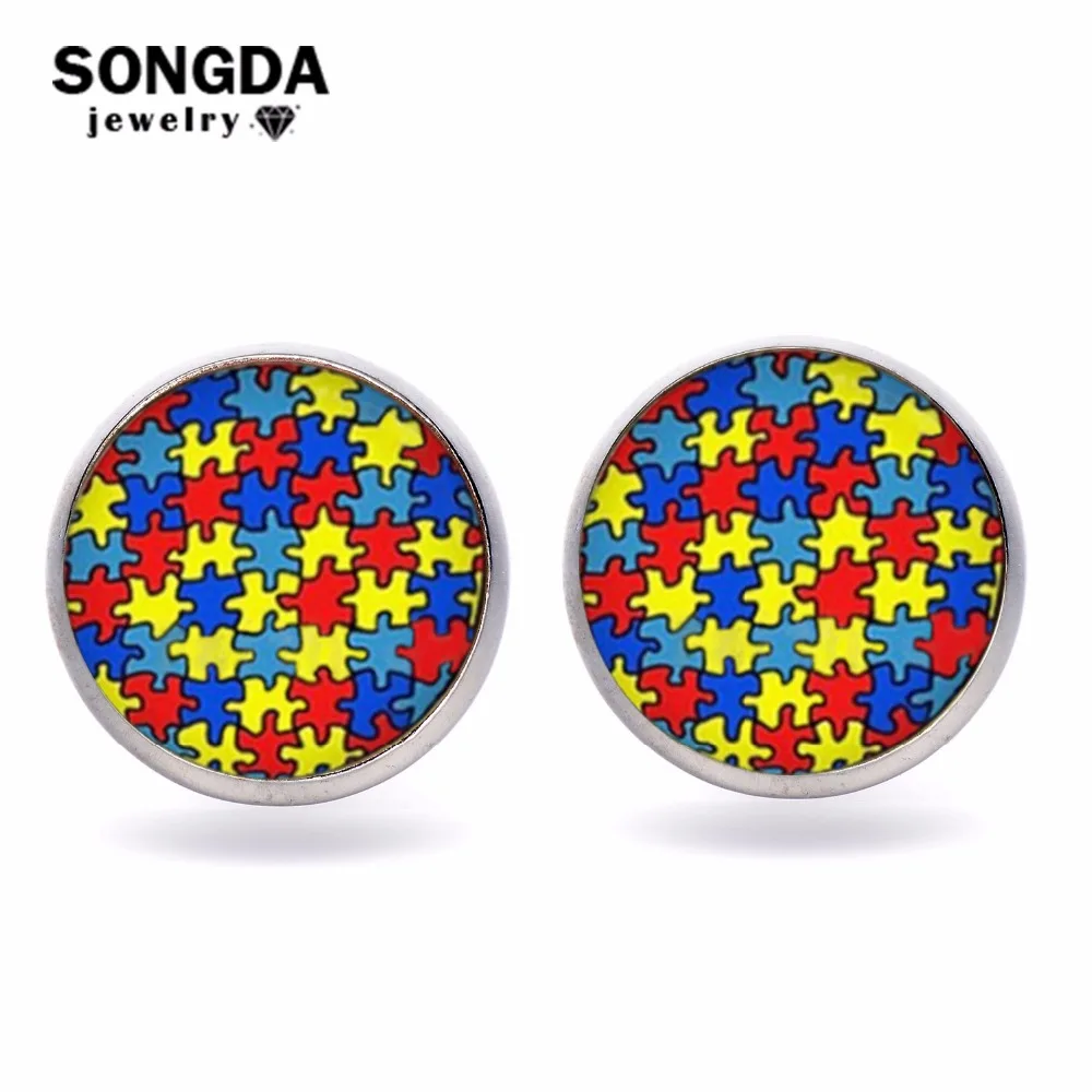 

SONGDA Puzzle Jigsaw Earings Fashion Jewelry Cartoon Colorful Art Picture Glass Cabochon Geometric Stud Earring Gifts for Women