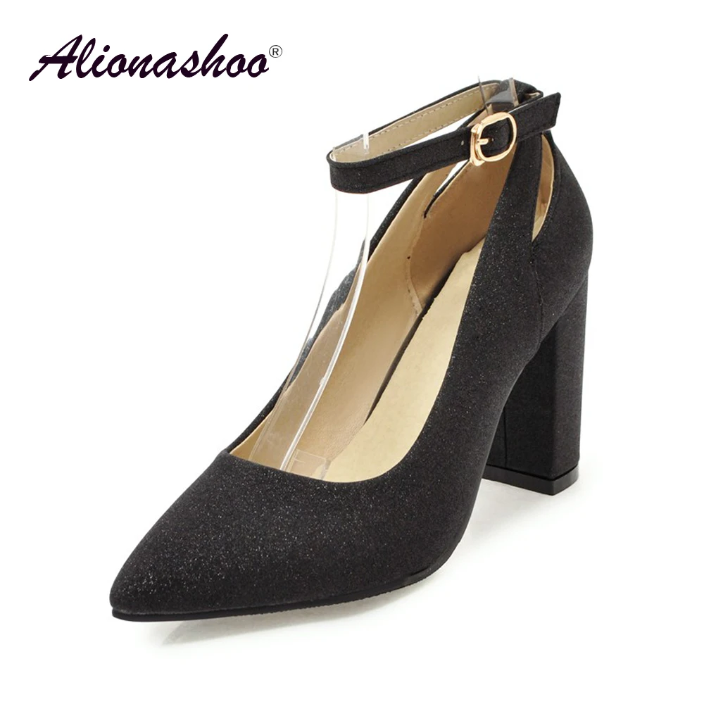 2019 Black Bling Buckle Women Shoes Spring Large Size 43 Fashion Super High Heel Pumps Pointed Toe Shoes For Ladies PU Leather