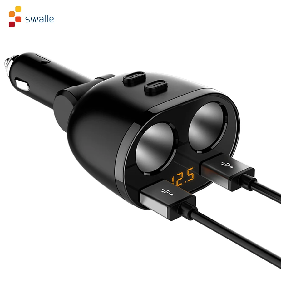 

Swalle 3.1A Phone Dual USB Car Quick Charger Cup Charging Voltage Current Display With 2 Cigarette Lighter Socket for GPS DVR
