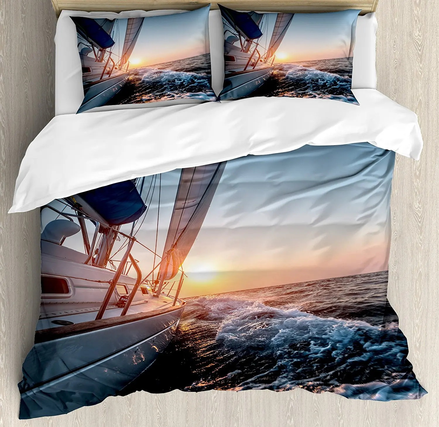Nautical Duvet Cover Set Sail Boat in the Sea Waves toward Sunset