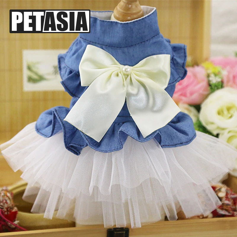 Summer Small Dog Dresses Bow Tie Dress Beautiful Pet Halter White Dogs