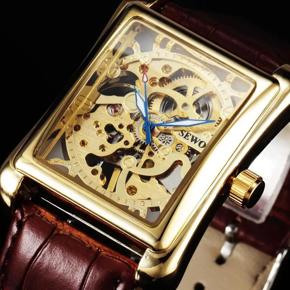 SEWOR Luxury Brand Fashion Rectangle Gold Skeleton Watches Brown